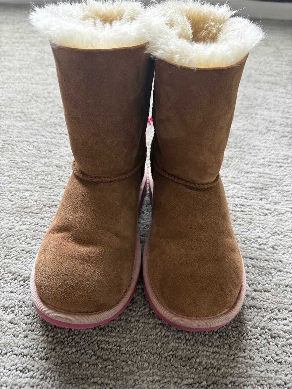 UGG Kids Chestnut Sheepskin Boots with Pink Ribbon Accents - Picture 2 of 5